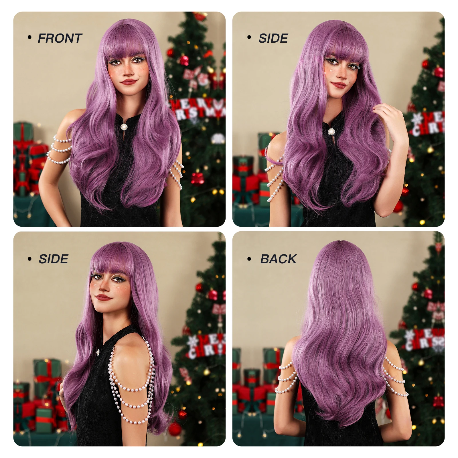 Длинный волнистый фиолетовый синтетический натуральный парик для женщин с челкой, парики для косплея, естественная волна для ежедневного использования на вечеринках, поддельные волосы, термостойкие Изображение 4
