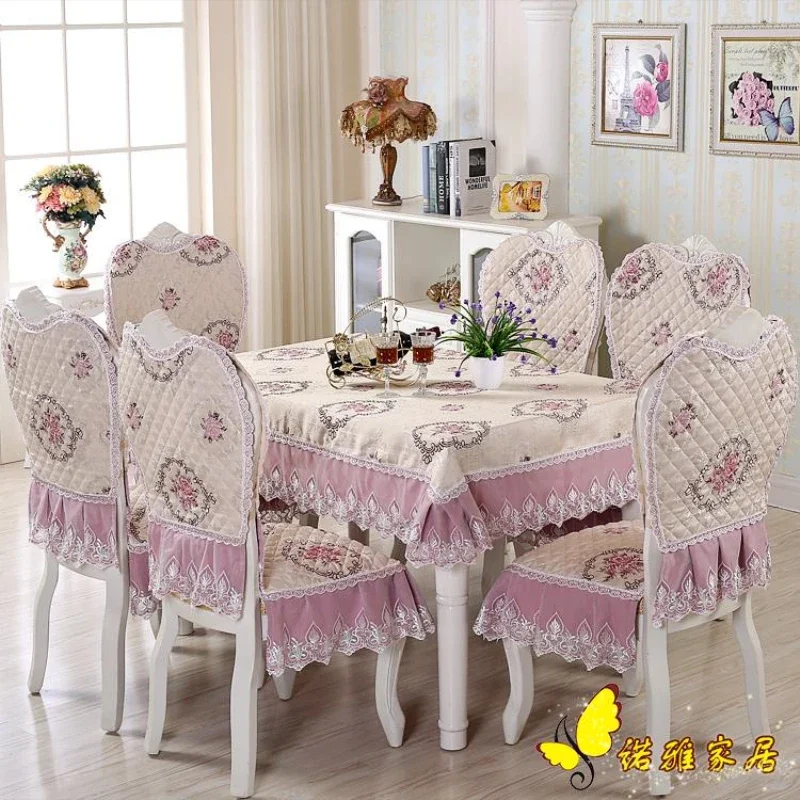 Европейская роскошная толстая розовая жаккардовая скатерть, чехлы для стульев, подушка, чехол для стула, набор пасторальных кружевных тканей, скатерти Изображение 0