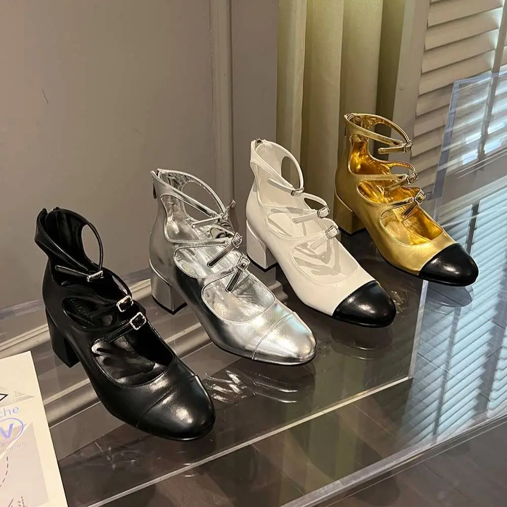 Женские босоножки с круглым носком, обувь на платформе, Новые поступления 2023 года, туфли на плоском среднем каблуке, пряжка ремня, ремешок на щиколотке, молния сзади, золотой, белый, черный Изображение 0
