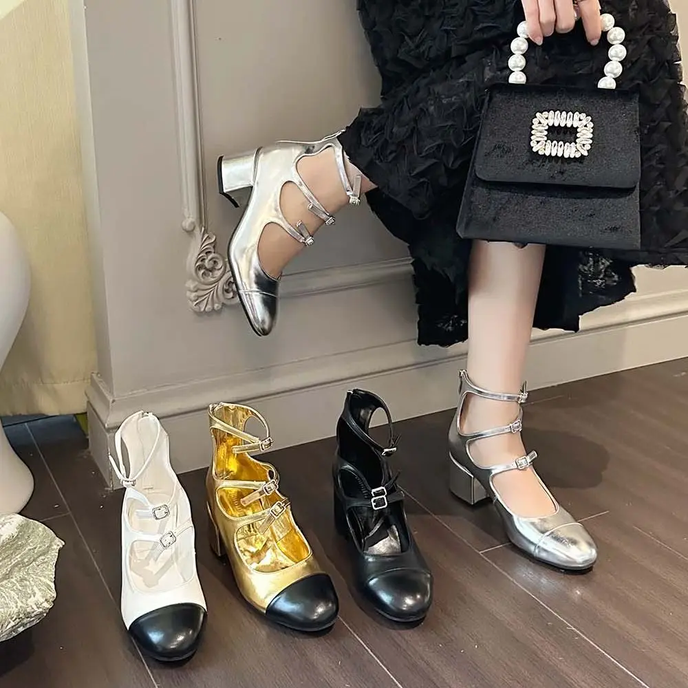 Женские босоножки с круглым носком, обувь на платформе, Новые поступления 2023 года, туфли на плоском среднем каблуке, пряжка ремня, ремешок на щиколотке, молния сзади, золотой, белый, черный Изображение 4