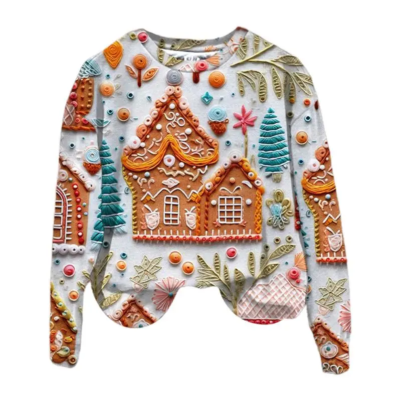 Женские рождественские свитшоты с принтом зимнего дома, уличная одежда с длинным рукавом, пуловеры Оверсайз, топы, одежда с веселой рождественской графикой Изображение 0