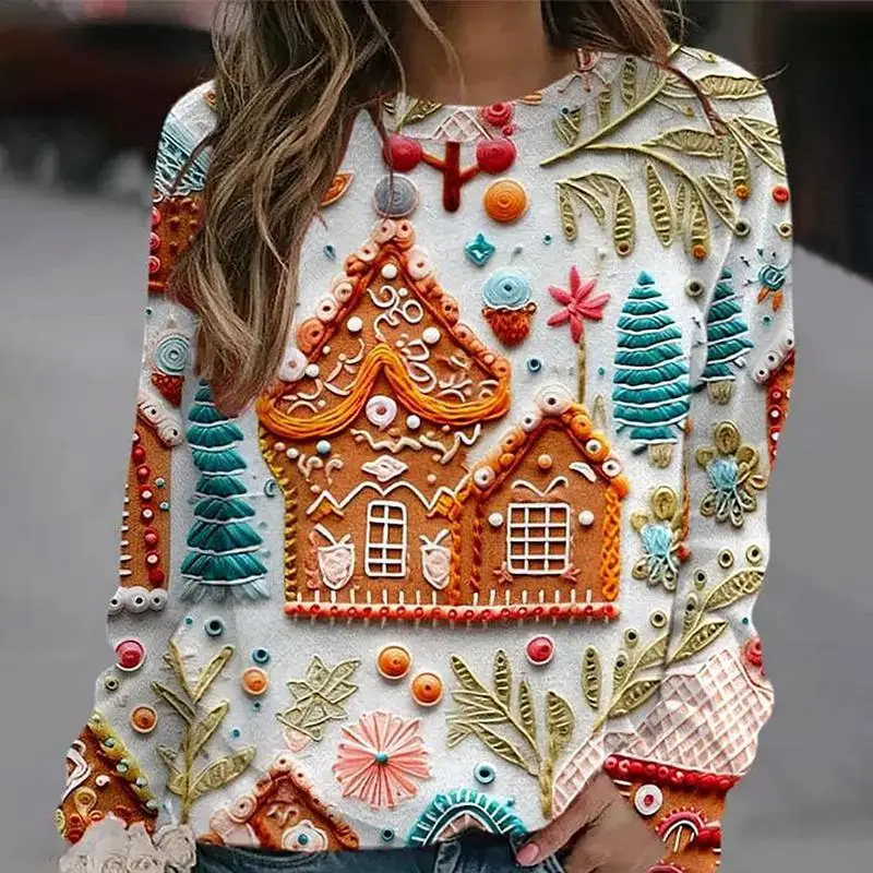 Женские рождественские свитшоты с принтом зимнего дома, уличная одежда с длинным рукавом, пуловеры Оверсайз, топы, одежда с веселой рождественской графикой Изображение 3