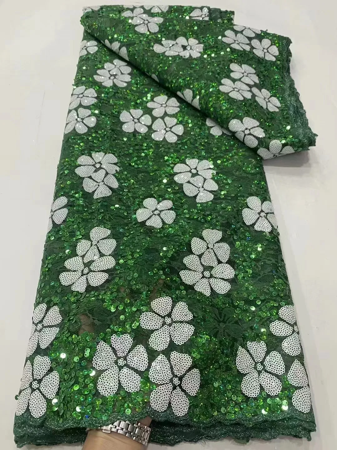 Зеленый Африканский жених, кружевная ткань с пайетками, высокое качество, 2023, тяжелая вышивка жениха, Французское тюлевое кружево для Нигерийского свадебного платья Изображение 0