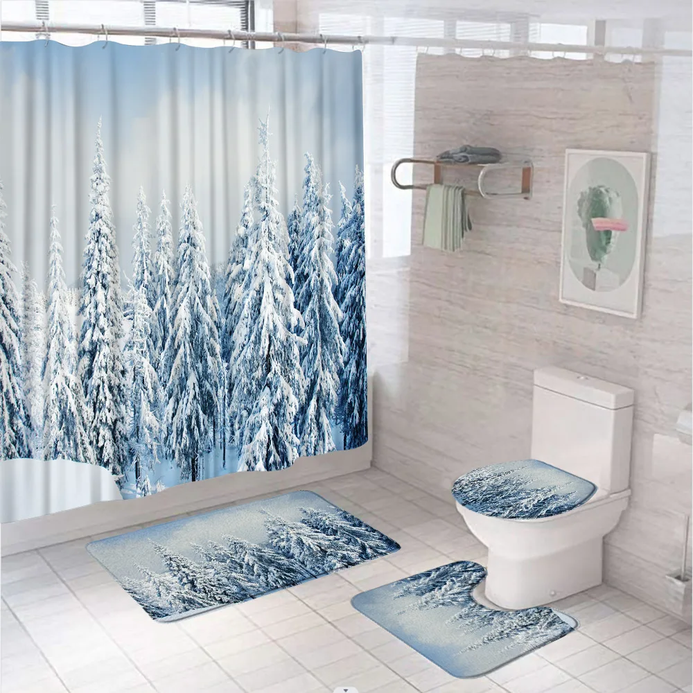 Зимний пейзаж в лесу, занавеска для душа, Рождественский горный пейзаж, Заснеженное дерево, Фланелевый коврик для ванны, коврик для ванной, Крышка унитаза. Изображение 0