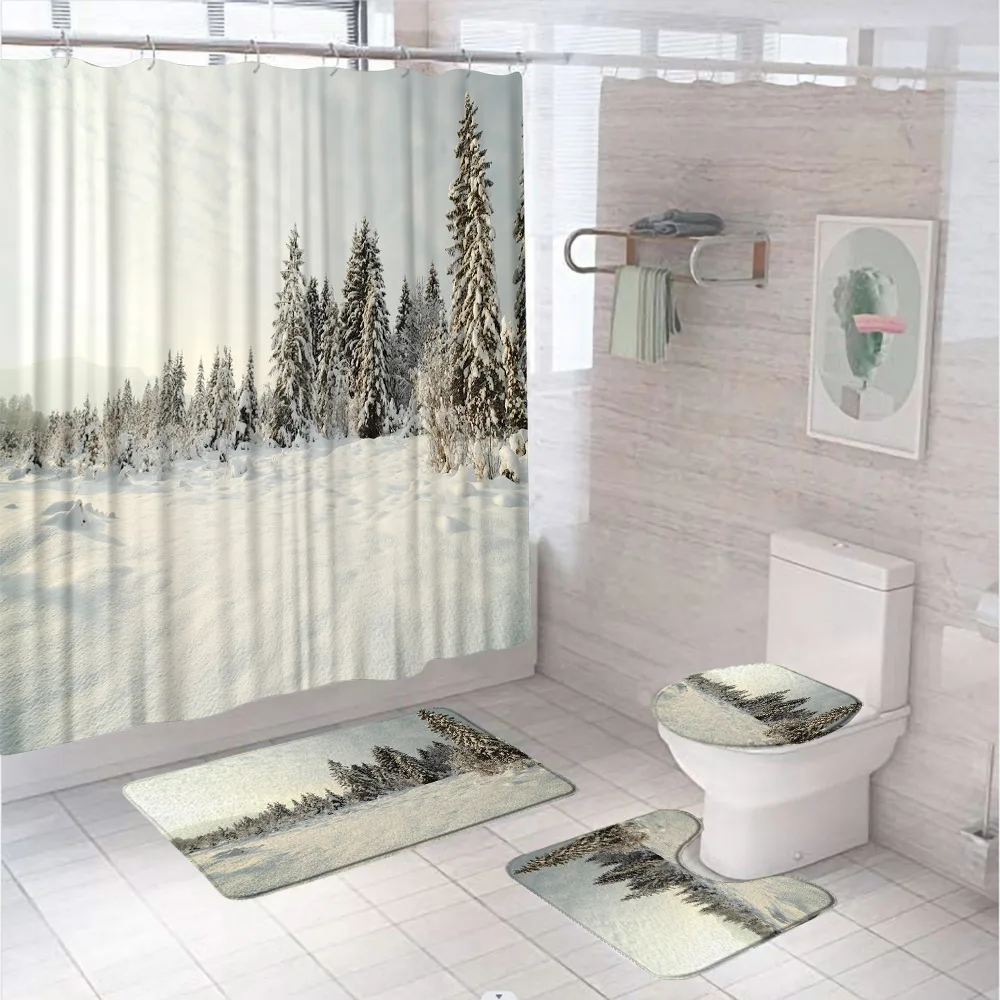 Зимний пейзаж в лесу, занавеска для душа, Рождественский горный пейзаж, Заснеженное дерево, Фланелевый коврик для ванны, коврик для ванной, Крышка унитаза. Изображение 1