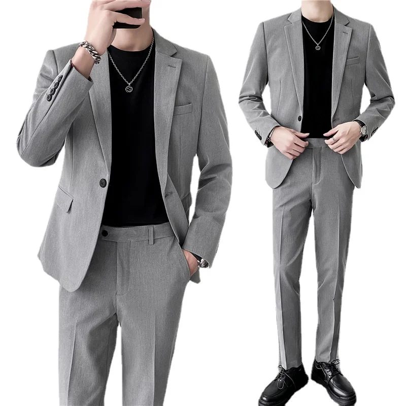 Зимняя мужская корейская версия однотонного маленького костюма, однобортный приталенный деловой повседневный костюм, костюм-двойка (пальто + брюки) Изображение 0