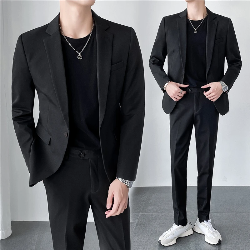 Зимняя мужская корейская версия однотонного маленького костюма, однобортный приталенный деловой повседневный костюм, костюм-двойка (пальто + брюки) Изображение 3