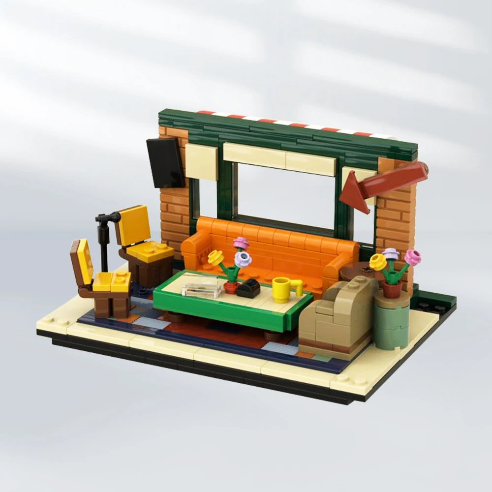 Идеи для творчества Gobricks MOC Друзья-диван в гостиной, маленький дисплей, строительный блок, фильм, Комната в квартире, Кирпичи, игрушка Изображение 0