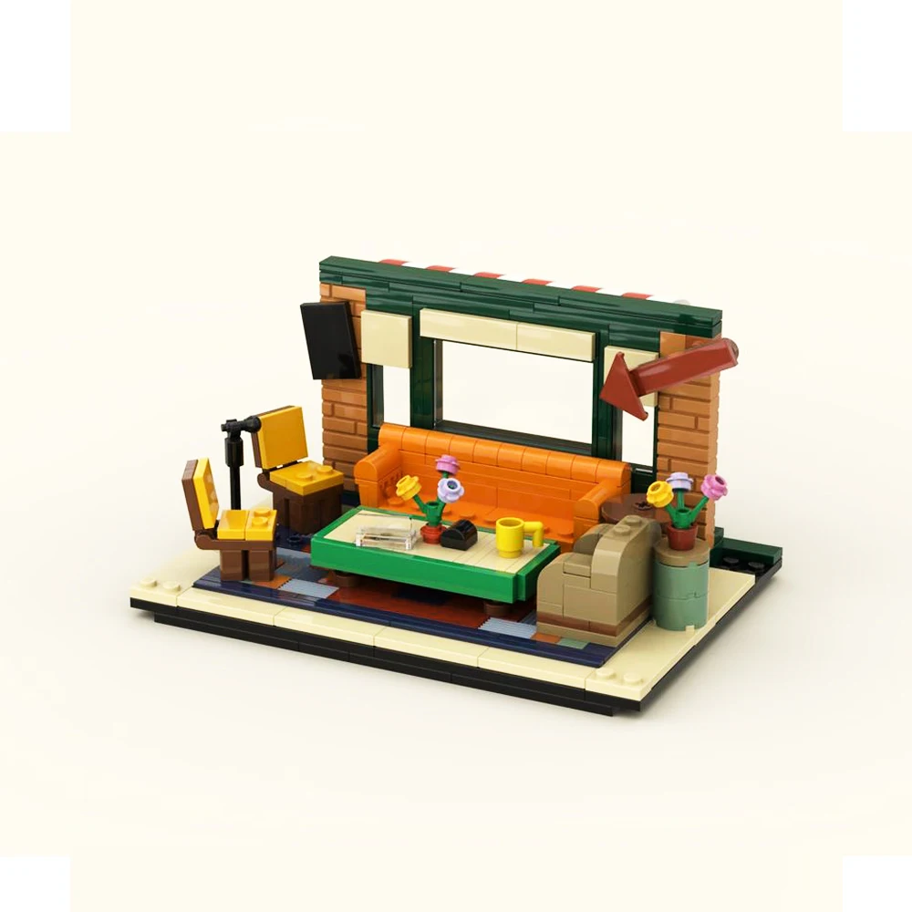 Идеи для творчества Gobricks MOC Друзья-диван в гостиной, маленький дисплей, строительный блок, фильм, Комната в квартире, Кирпичи, игрушка Изображение 1
