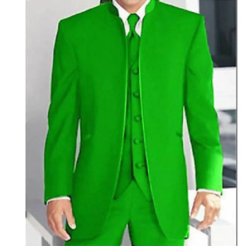 Изготовленные на заказ костюмы с зеленым воротником-стойкой из 3 частей, Мужские Официальные Свадебные смокинги без пуговиц для вечеринок Изображение 0