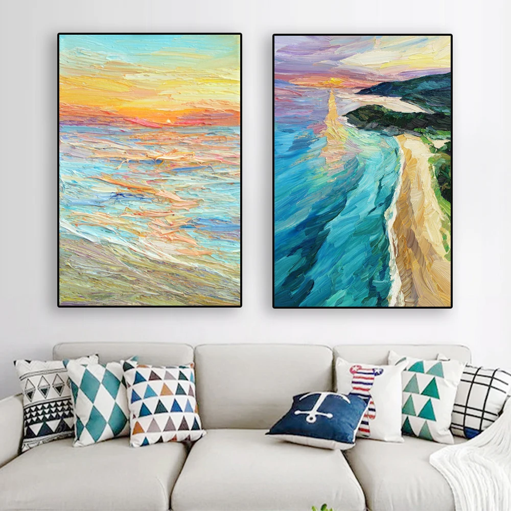 Картина маслом на закате, плакат, принты с морскими пейзажами над морем, текстурированная живопись, импрессионизм, прибрежное искусство, украшение для дома и гостиной Изображение 0