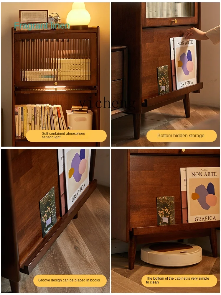 Книжный шкаф из массива дерева ZK со шкафчиками со стеклянной дверцей, Напольный шкаф для хранения журналов в ретро-гостиной Изображение 4