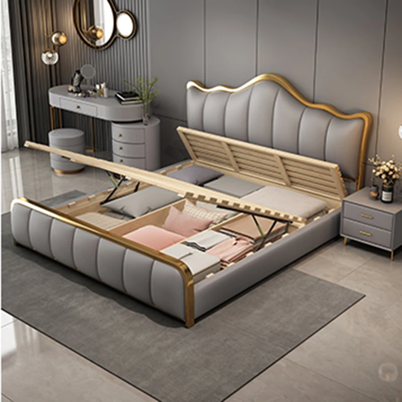 Кожаные кровати, экономящие пространство, металлические Многофункциональные красивые Недорогие двуспальные кровати Kawaii, умная деревянная мебель для театра Camas Dormitorio Изображение 2