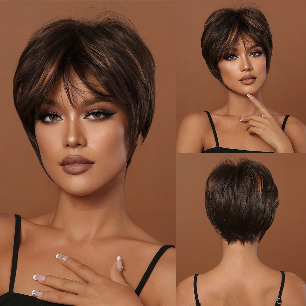 Короткий парик в стиле пикси с изюминкой, прямой шоколадно-коричневый синтетический парик для чернокожих женщин, повседневные термостойкие парики для волос Изображение 0
