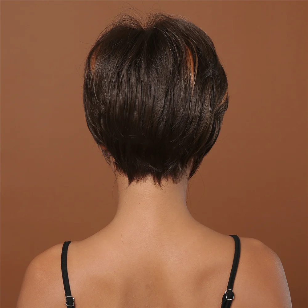 Короткий парик в стиле пикси с изюминкой, прямой шоколадно-коричневый синтетический парик для чернокожих женщин, повседневные термостойкие парики для волос Изображение 1