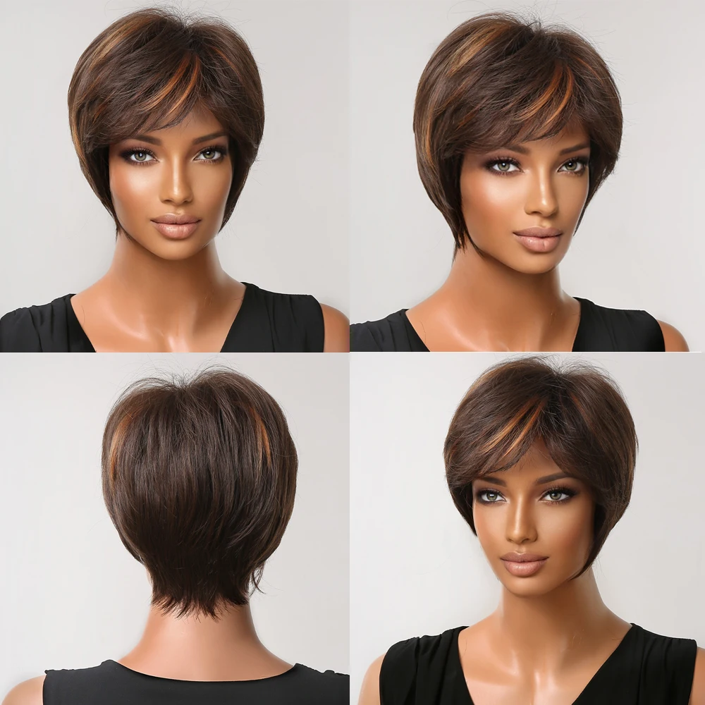 Короткий парик в стиле пикси с изюминкой, прямой шоколадно-коричневый синтетический парик для чернокожих женщин, повседневные термостойкие парики для волос Изображение 2