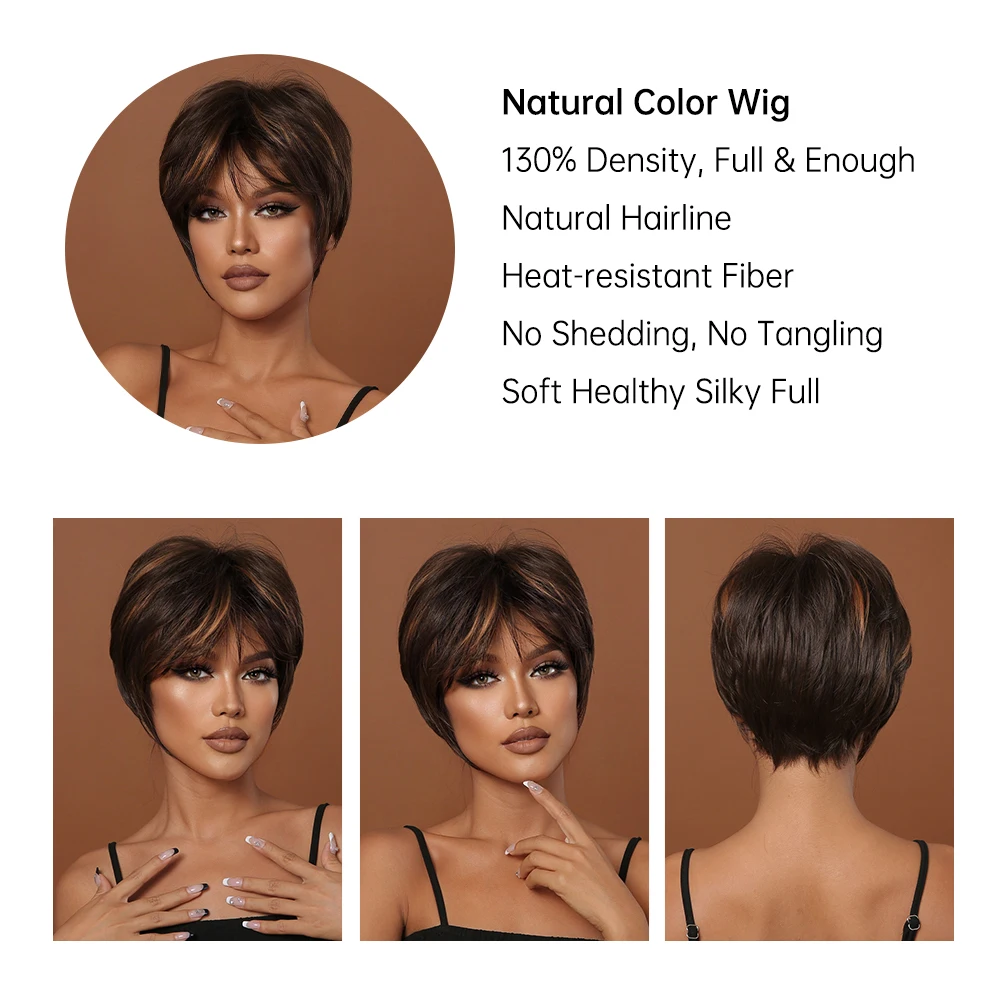 Короткий парик в стиле пикси с изюминкой, прямой шоколадно-коричневый синтетический парик для чернокожих женщин, повседневные термостойкие парики для волос Изображение 3