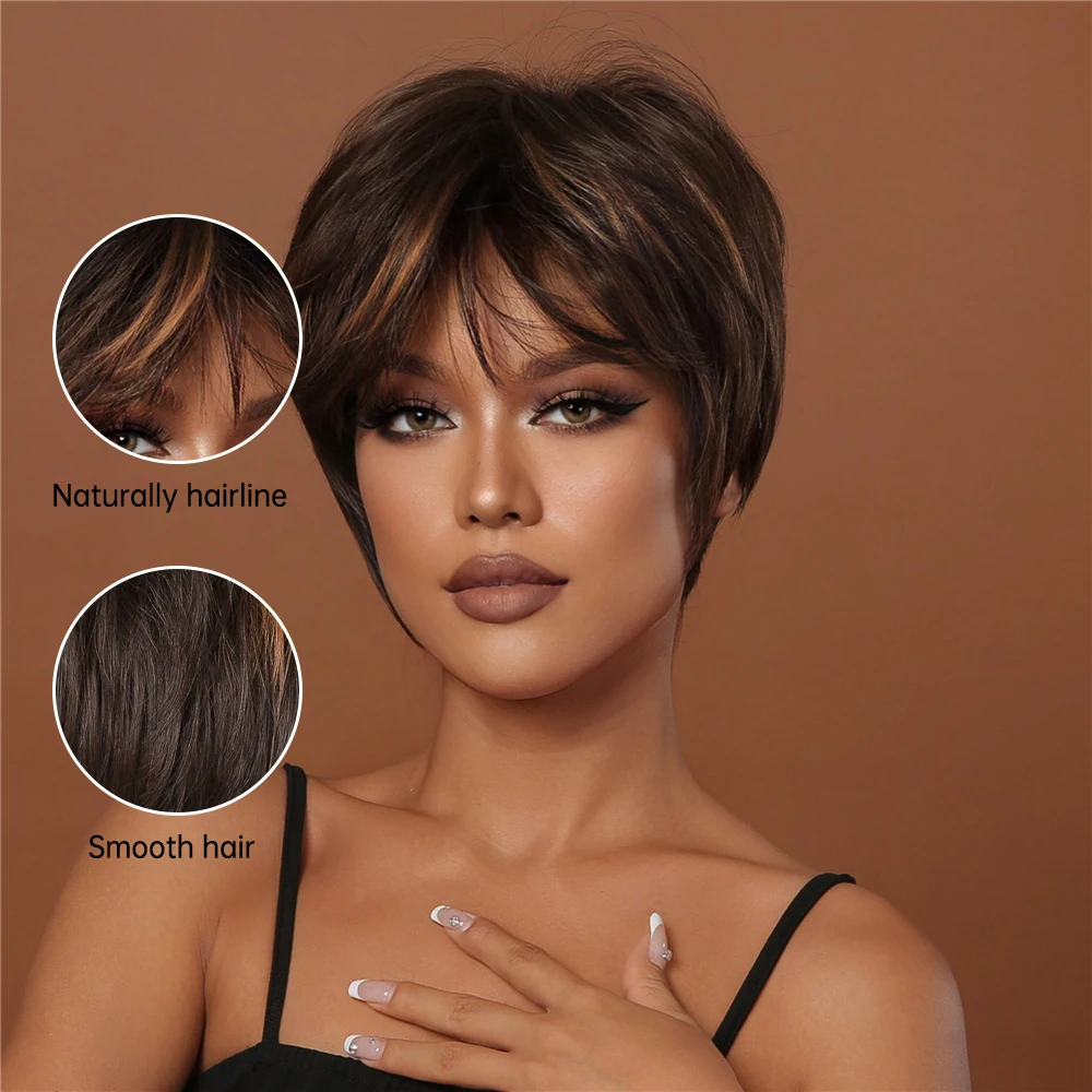 Короткий парик в стиле пикси с изюминкой, прямой шоколадно-коричневый синтетический парик для чернокожих женщин, повседневные термостойкие парики для волос Изображение 4