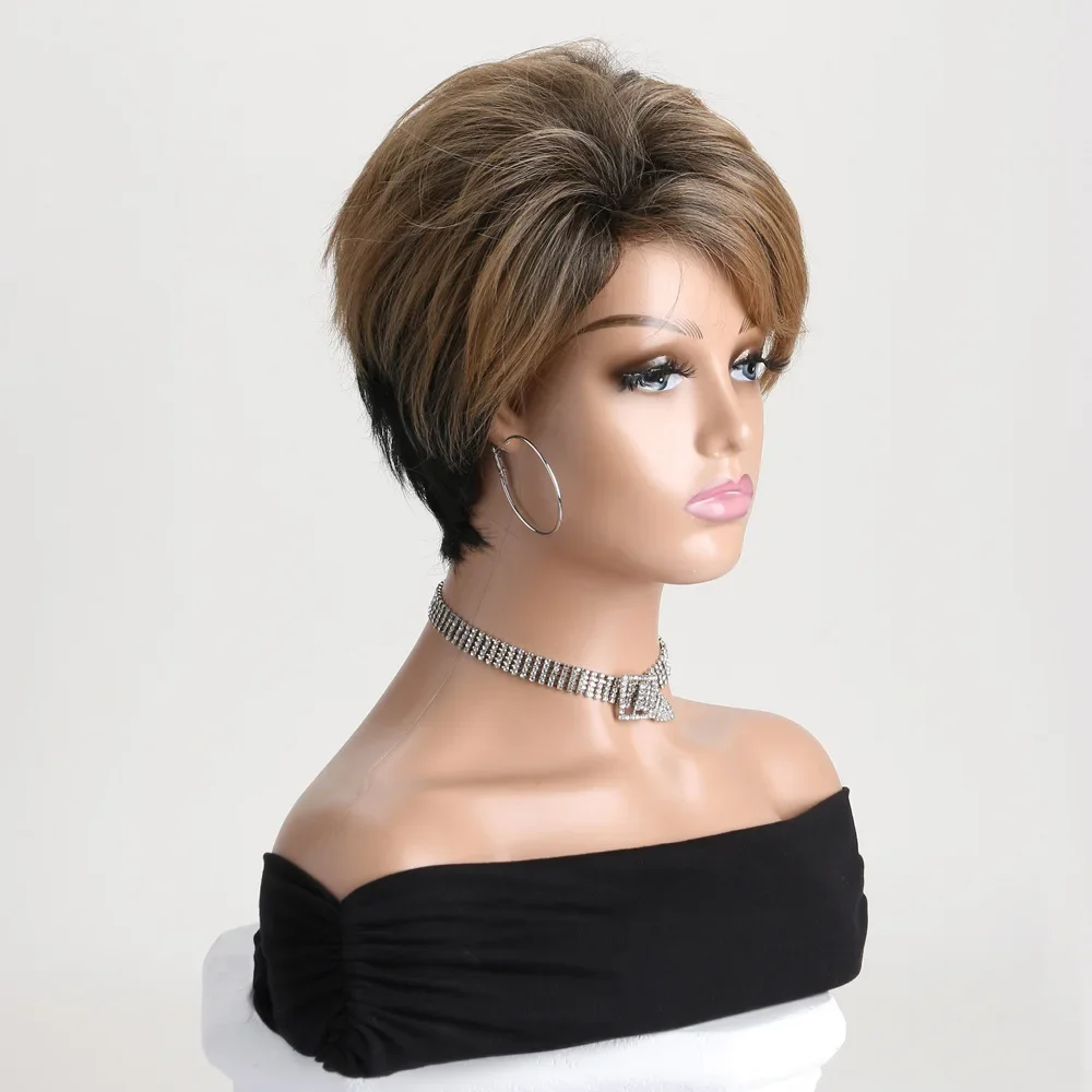 Короткий синтетический парик для женщин, двухцветный парик коричневого или черного цвета, модная прическа в стиле Пикси, прическа омбре, парик для костюмированной вечеринки Perucas Изображение 5
