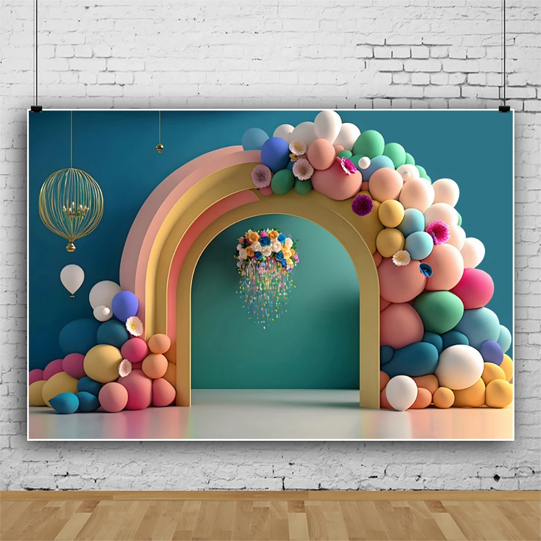 Красочные воздушные шары Ворота Дверь Фон для фотосъемки Душа новорожденного Фон для портрета на День рождения детей Винил Изображение 0