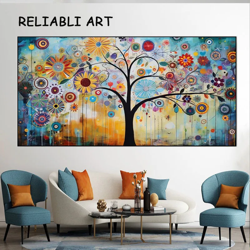 Красочный абстрактный плакат с пейзажем из цветов, деревьев и принтов, настенная живопись, картины для домашнего декора в гостиной Без рамок Изображение 3
