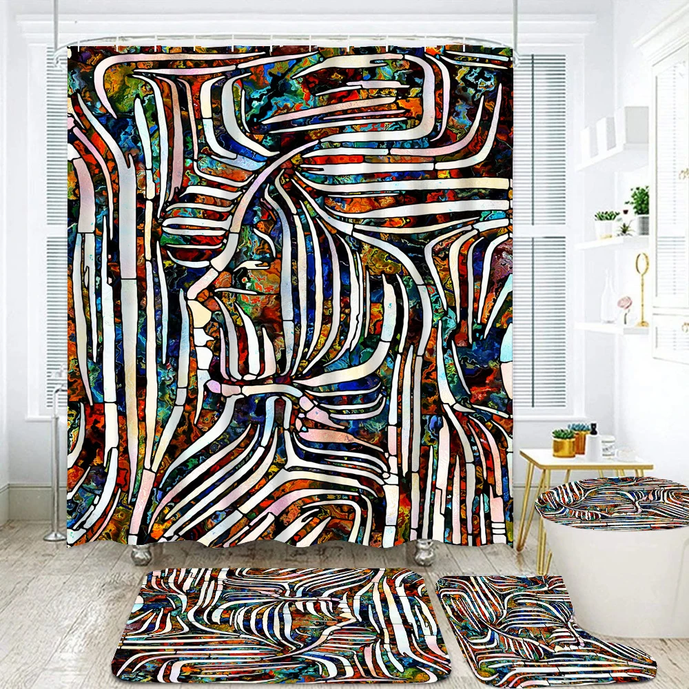Красочный абстрактный рисунок, художественная печать, занавеска для душа, комплект штор для ванной, крышка унитаза, нескользящий ковер, украшение коврика для ванной Изображение 2