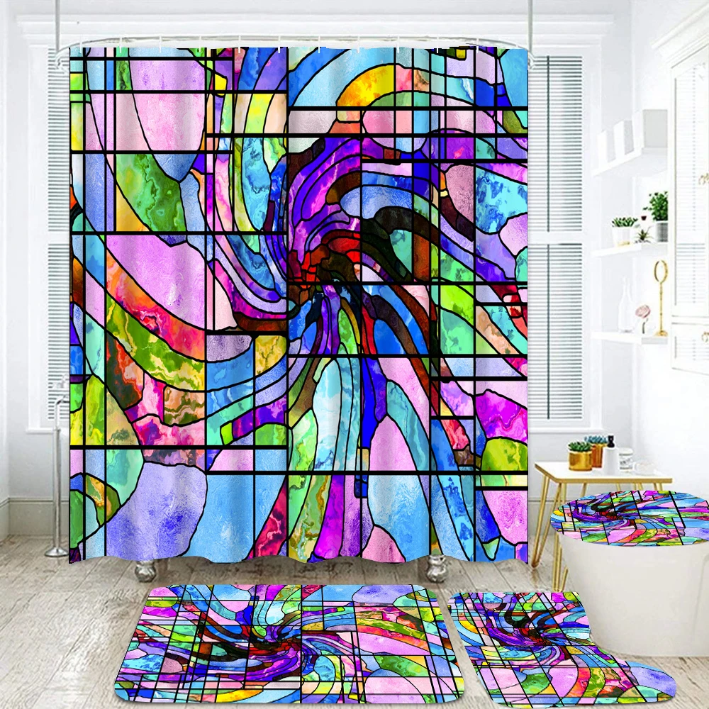 Красочный абстрактный рисунок, художественная печать, занавеска для душа, комплект штор для ванной, крышка унитаза, нескользящий ковер, украшение коврика для ванной Изображение 3