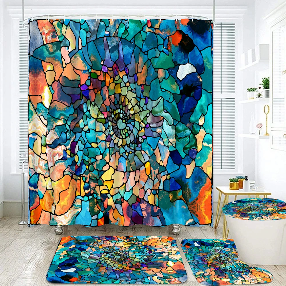 Красочный абстрактный рисунок, художественная печать, занавеска для душа, комплект штор для ванной, крышка унитаза, нескользящий ковер, украшение коврика для ванной Изображение 4