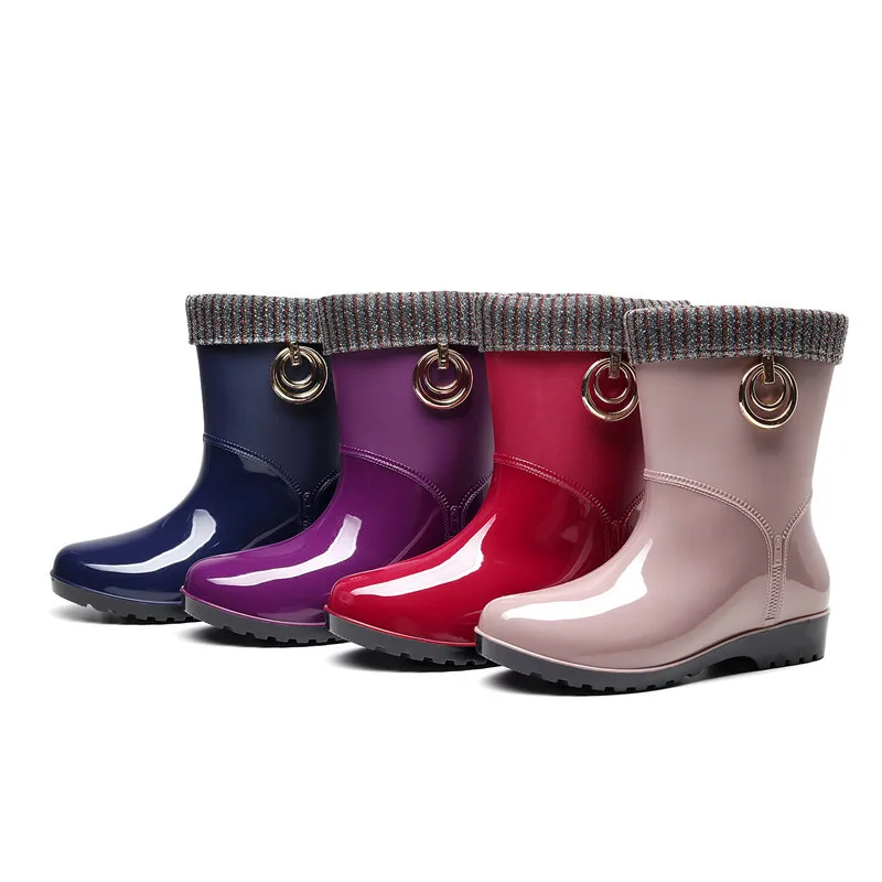 Леди, Новые женские теплые непромокаемые сапоги из ПВХ на меху, однотонная женская обувь на низком каблуке, непромокаемые резиновые сапоги из желе для взрослых, ярких цветов. Изображение 2
