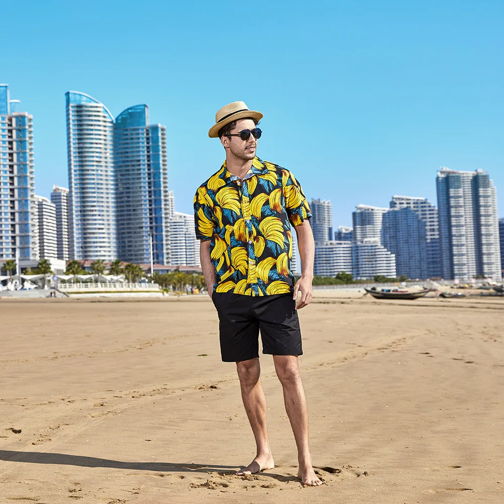 Летние модные мужские гавайские рубашки С коротким рукавом, однобортная повседневная пляжная рубашка с принтом кокосовой пальмы и банана, Плюс размер 5XL Изображение 1