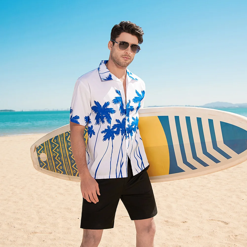 Летние модные мужские гавайские рубашки С коротким рукавом, однобортная повседневная пляжная рубашка с принтом кокосовой пальмы и банана, Плюс размер 5XL Изображение 2