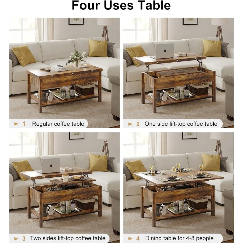 Мебель 4-в-1 Многофункциональный журнальный столик-трансформер с местом для хранения, Коричневые обеденные столы в деревенском стиле, стулья для гостиной, мебель Изображение 5