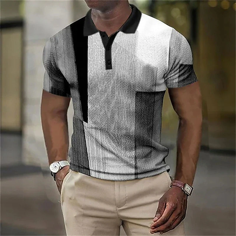 Модная летняя мужская рубашка поло, рубашка для гольфа с вафельным рисунком, 3D геометрический принт, уличная рубашка с короткими рукавами и пуговицами, повседневная Изображение 0