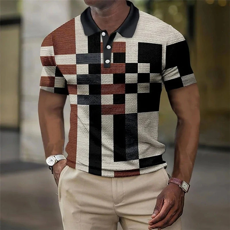 Модная летняя мужская рубашка поло, рубашка для гольфа с вафельным рисунком, 3D геометрический принт, уличная рубашка с короткими рукавами и пуговицами, повседневная Изображение 1