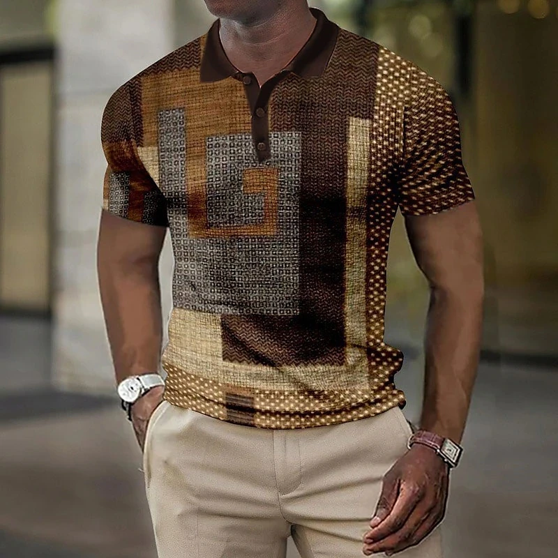 Модная летняя мужская рубашка поло, рубашка для гольфа с вафельным рисунком, 3D геометрический принт, уличная рубашка с короткими рукавами и пуговицами, повседневная Изображение 2