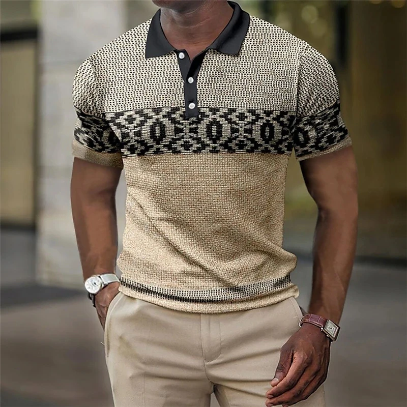 Модная летняя мужская рубашка поло, рубашка для гольфа с вафельным рисунком, 3D геометрический принт, уличная рубашка с короткими рукавами и пуговицами, повседневная Изображение 3