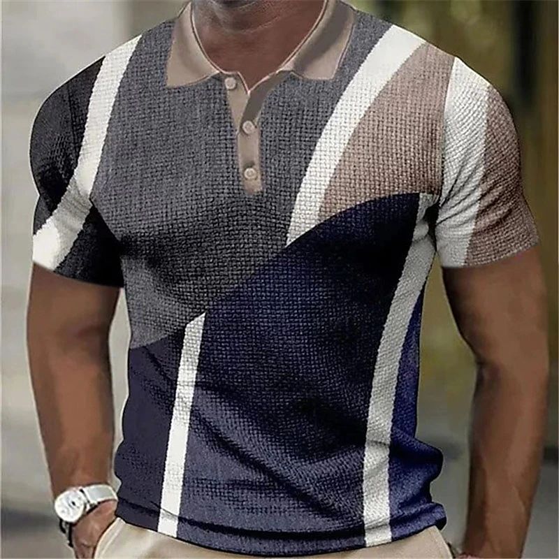Модная летняя мужская рубашка поло, рубашка для гольфа с вафельным рисунком, 3D геометрический принт, уличная рубашка с короткими рукавами и пуговицами, повседневная Изображение 4