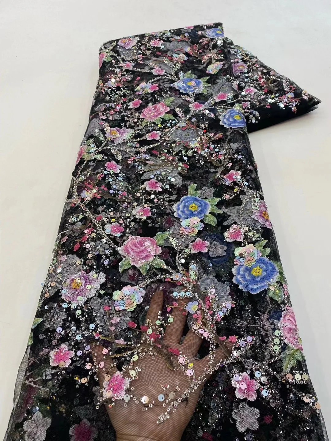 Модная Нигерийская тяжелая роскошная кружевная ткань из тюля с бисером, французская кружевная ткань с вышивкой пайетками ручной работы Для женских свадебных платьев Изображение 0