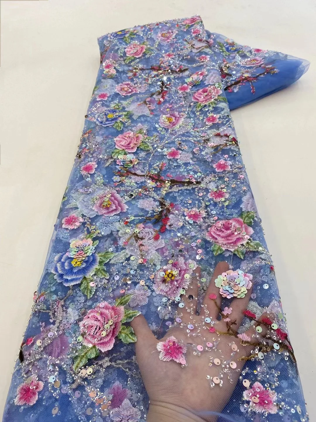 Модная Нигерийская тяжелая роскошная кружевная ткань из тюля с бисером, французская кружевная ткань с вышивкой пайетками ручной работы Для женских свадебных платьев Изображение 4