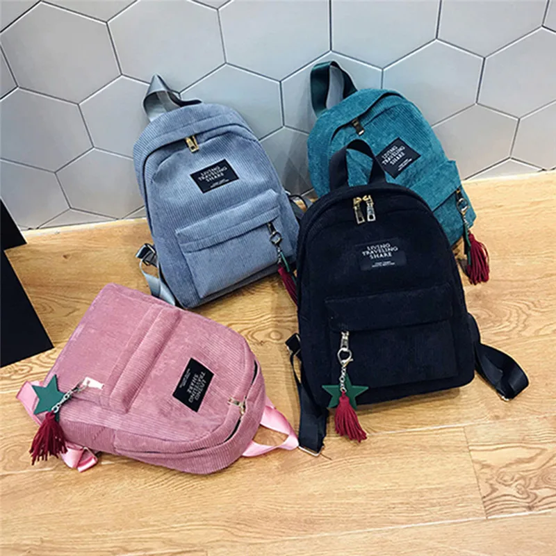 Модные женские Мини-простые вельветовые рюкзаки в кампусном стиле, однотонная вместительная сумка на два плеча, однотонный вельветовый рюкзак Изображение 0