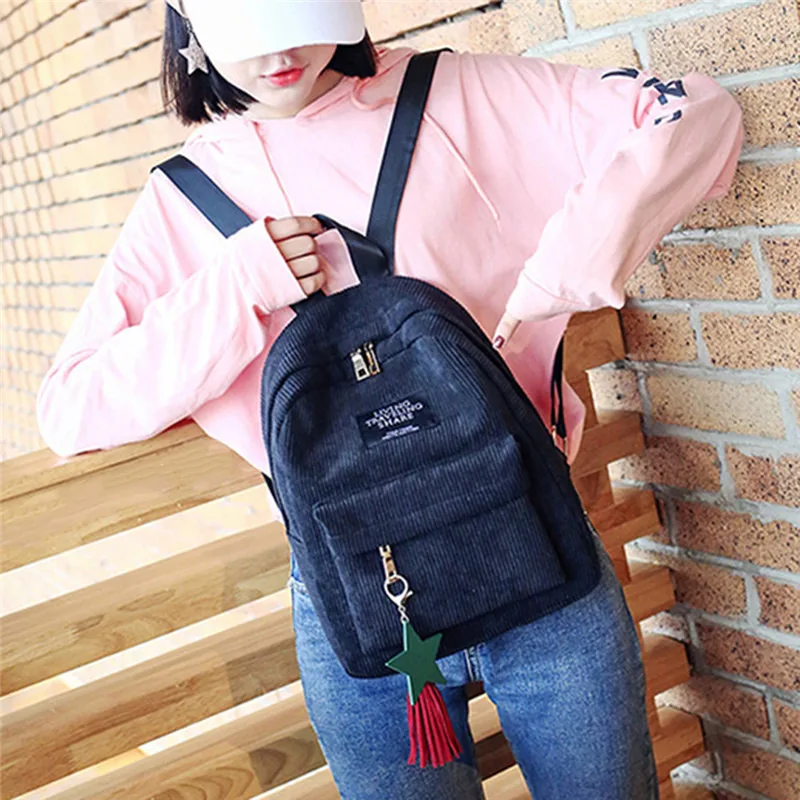 Модные женские Мини-простые вельветовые рюкзаки в кампусном стиле, однотонная вместительная сумка на два плеча, однотонный вельветовый рюкзак Изображение 4
