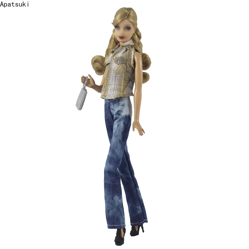 Модный комплект одежды для куклы Барби, клетчатая рубашка, блузка, джинсовые брюки, сумка-кошелек, аксессуары для кукольного домика 1/6, детская игрушка Изображение 0