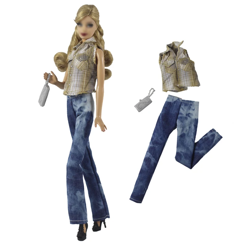 Модный комплект одежды для куклы Барби, клетчатая рубашка, блузка, джинсовые брюки, сумка-кошелек, аксессуары для кукольного домика 1/6, детская игрушка Изображение 1