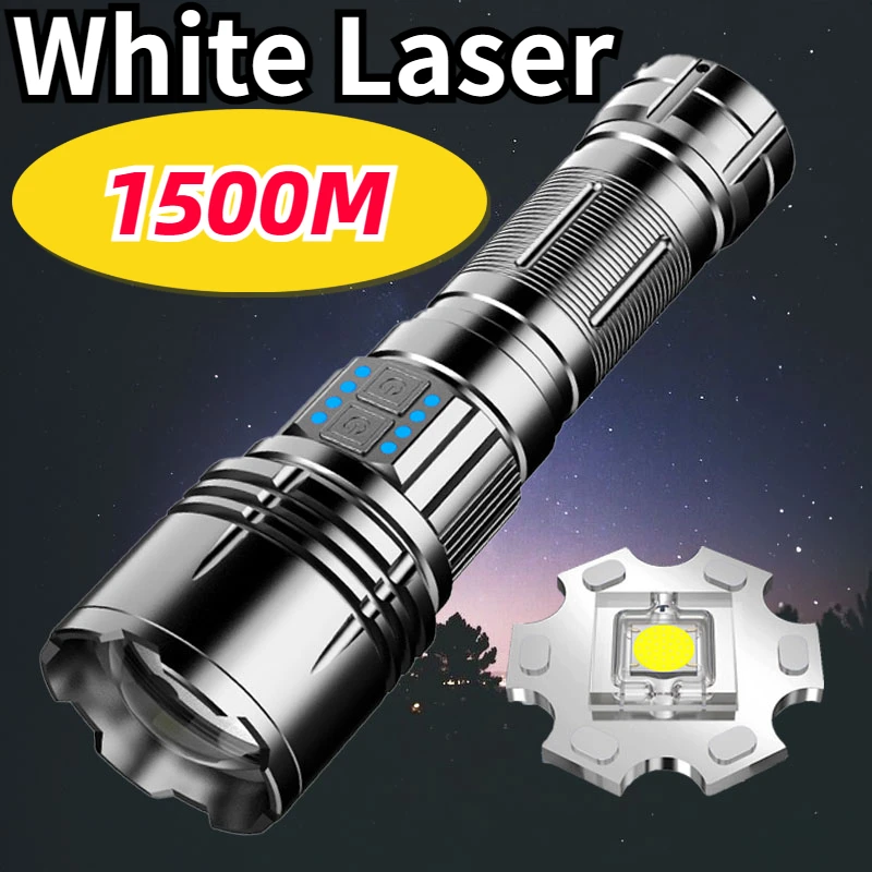 Мощный светодиодный фонарик с белым лазерным фитилем дальнего действия, перезаряжаемый зум-индикатор уровня заряда батареи на открытом воздухе, тактический фонарь Изображение 0