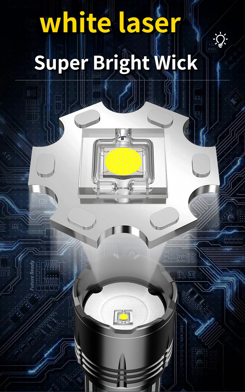 Мощный светодиодный фонарик с белым лазерным фитилем дальнего действия, перезаряжаемый зум-индикатор уровня заряда батареи на открытом воздухе, тактический фонарь Изображение 1