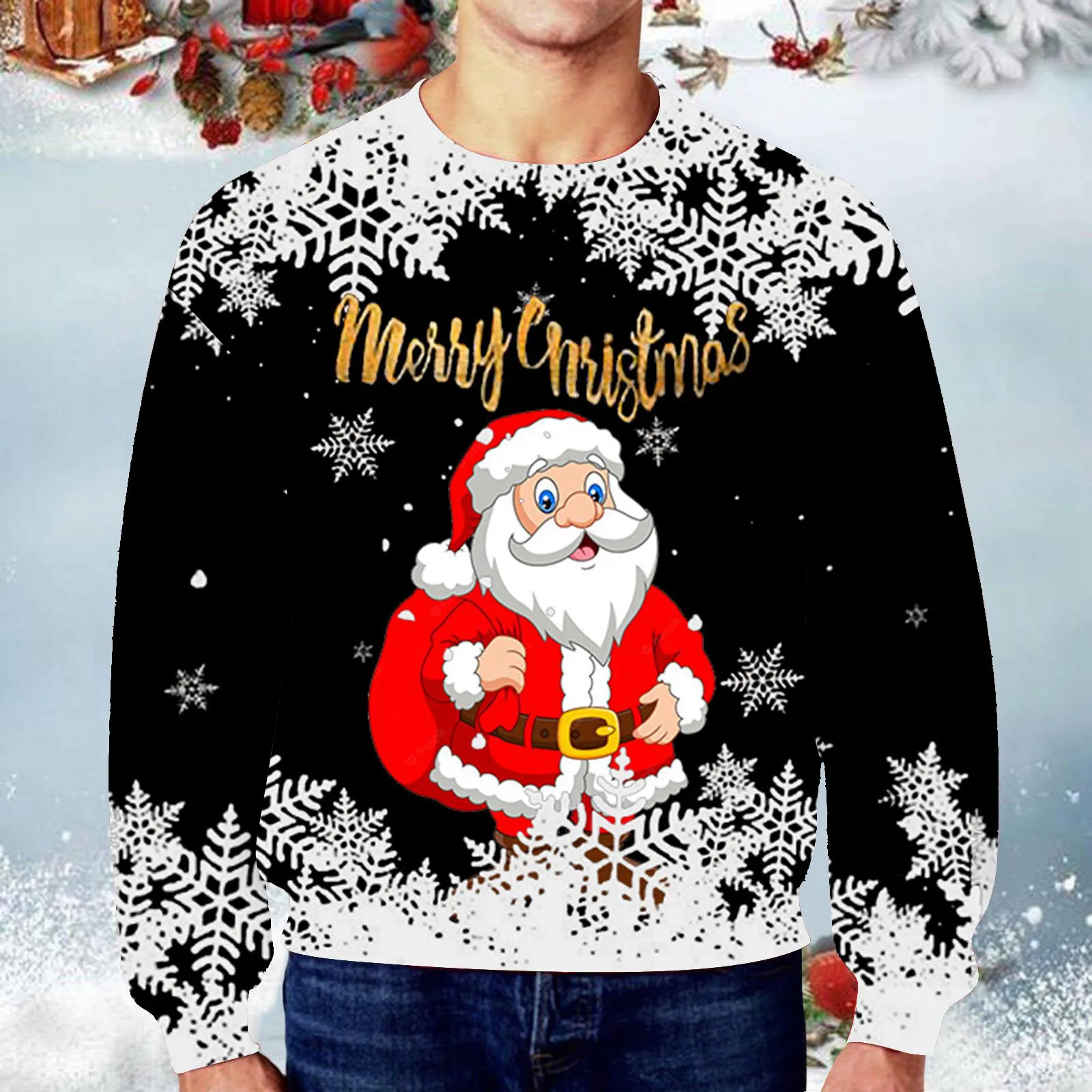 Мужская зимне-осенняя повседневная одежда с круглым вырезом и длинным рукавом, пуловер с рождественским принтом, толстовка, верхняя блузка Изображение 1