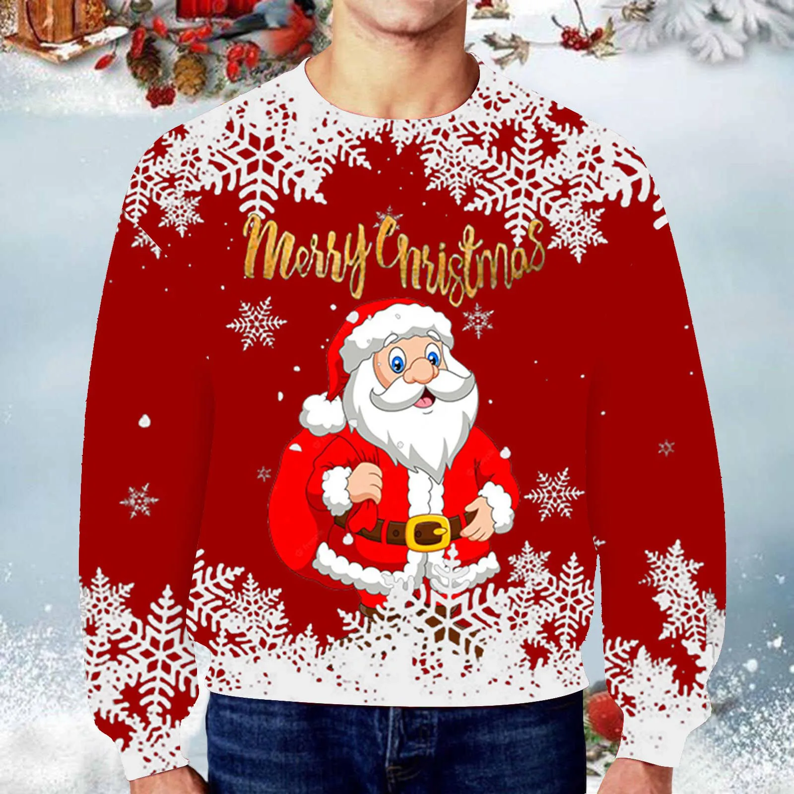 Мужская зимне-осенняя повседневная одежда с круглым вырезом и длинным рукавом, пуловер с рождественским принтом, толстовка, верхняя блузка Изображение 2