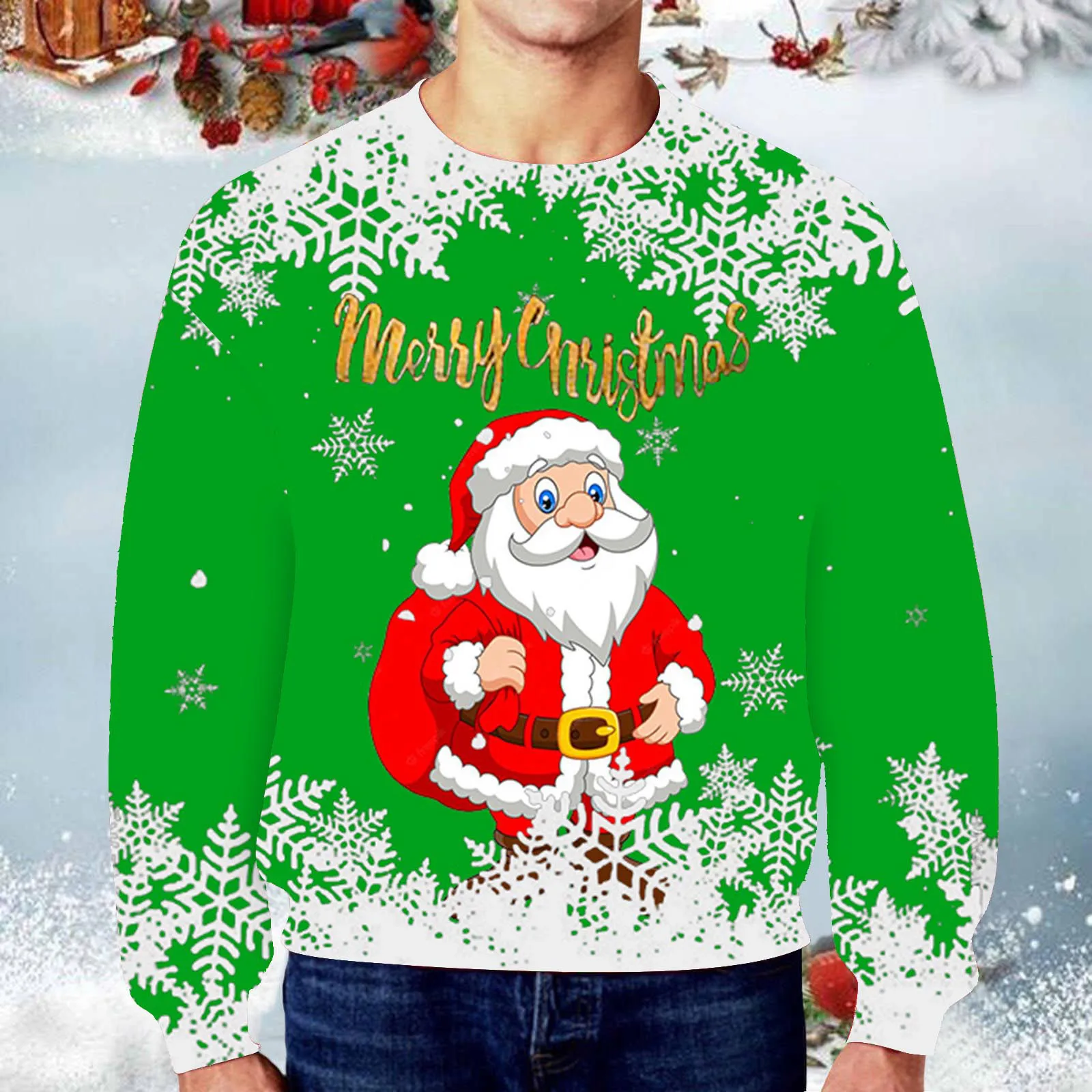 Мужская зимне-осенняя повседневная одежда с круглым вырезом и длинным рукавом, пуловер с рождественским принтом, толстовка, верхняя блузка Изображение 3