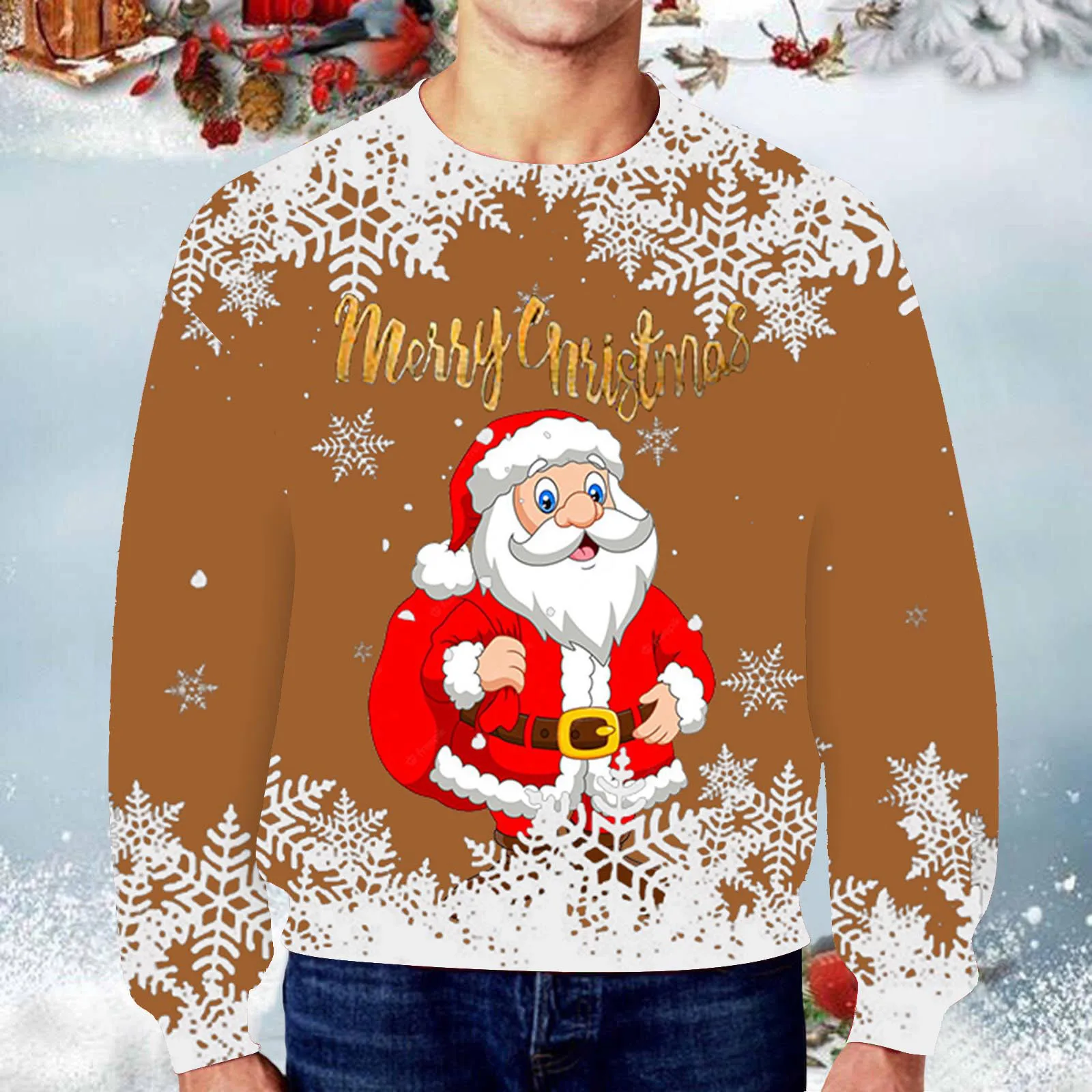 Мужская зимне-осенняя повседневная одежда с круглым вырезом и длинным рукавом, пуловер с рождественским принтом, толстовка, верхняя блузка Изображение 4