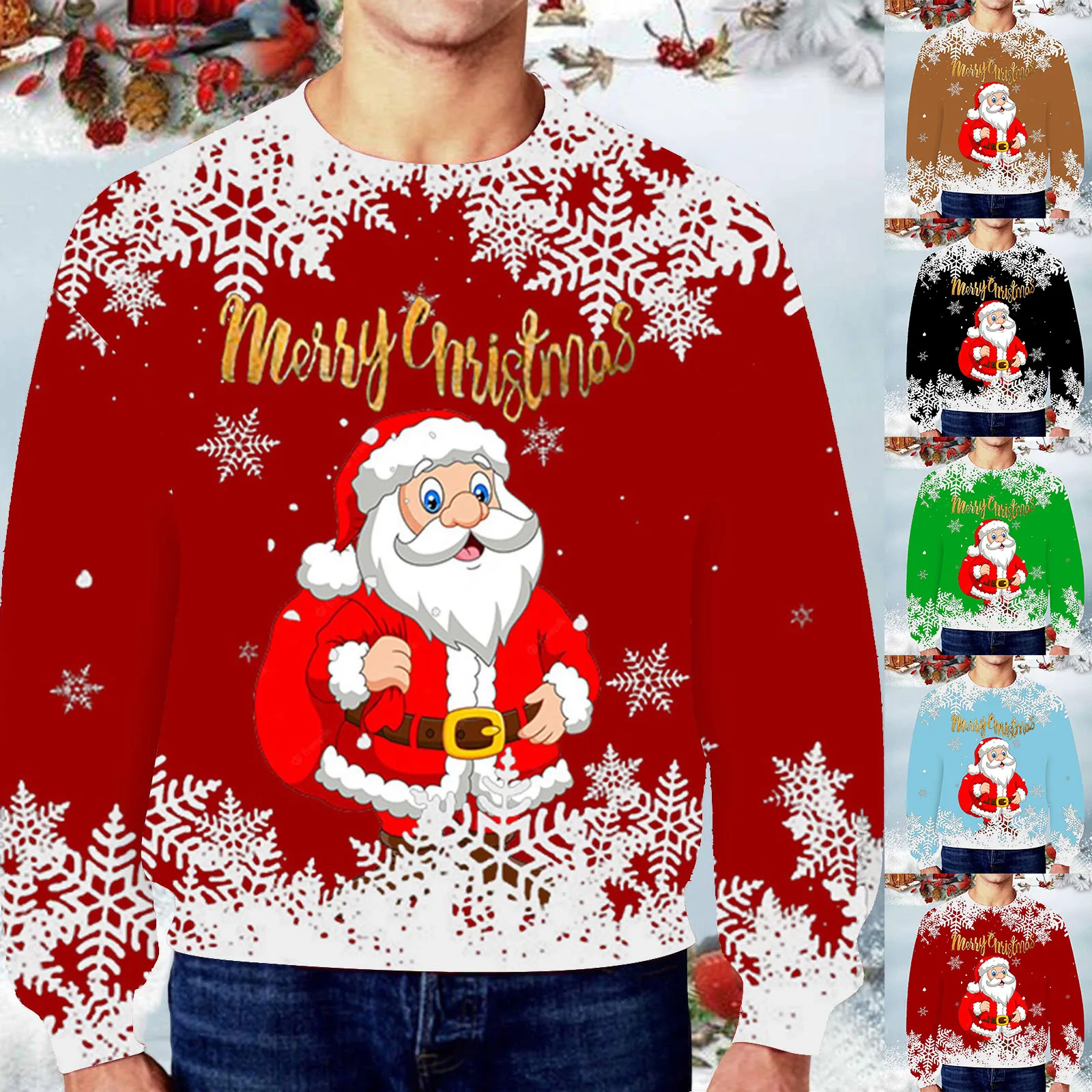 Мужская зимне-осенняя повседневная одежда с круглым вырезом и длинным рукавом, пуловер с рождественским принтом, толстовка, верхняя блузка Изображение 5